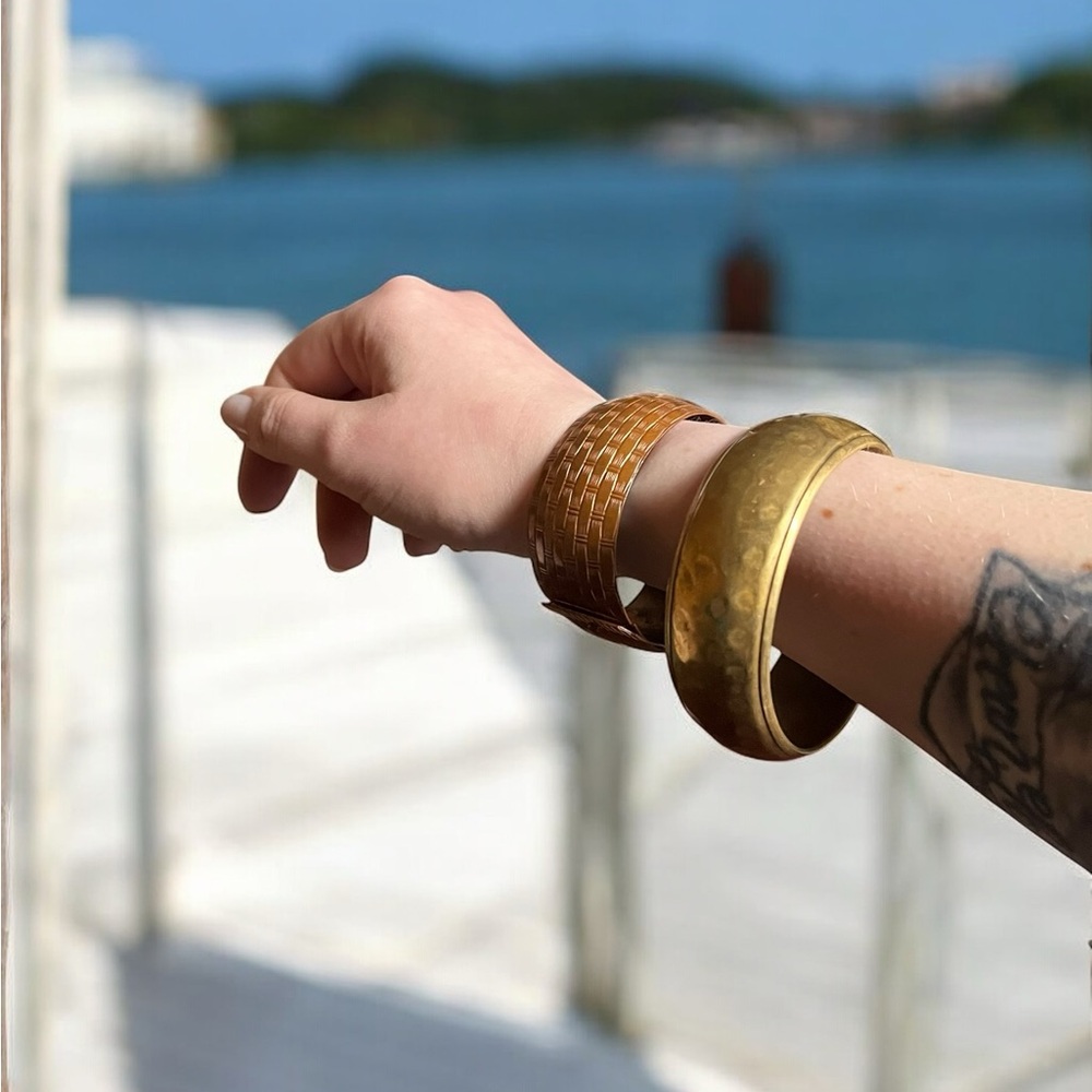 Vintage Patina Etched Copper and Hammered metal bangle bracelets